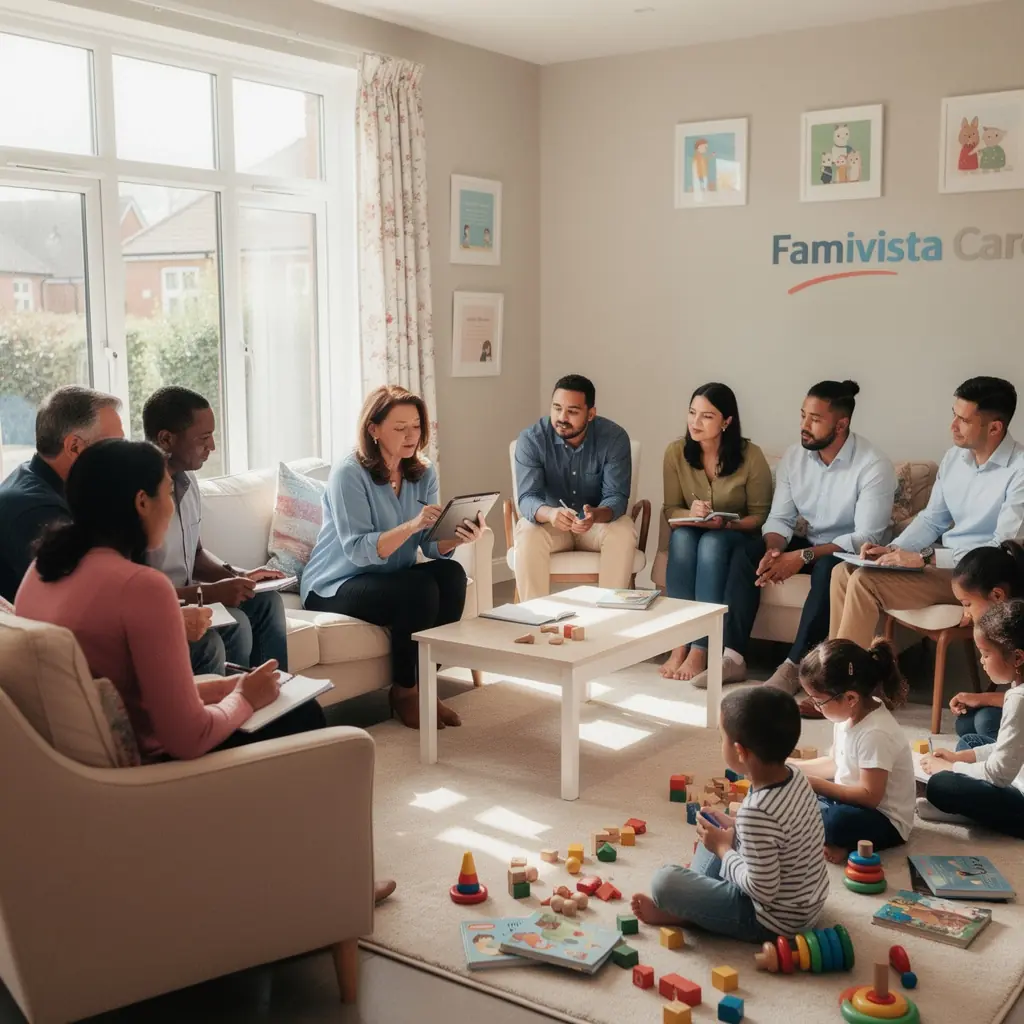 Kobieta rozmawiająca z doradcą rodzinnym w przytulnym biurze, szukająca wsparcia.