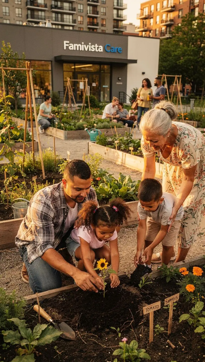 Rodzina przy stole, wspólnie przygotowująca zdrowy posiłek, ucząc się zasad zdrowego odżywiania.